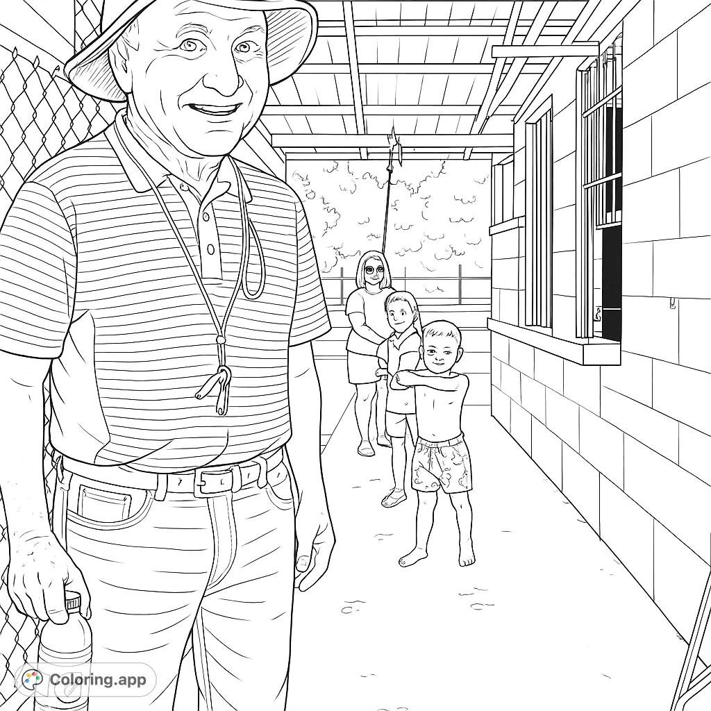 A friendly man in a hat stands by a pool area, with children and a woman in the background, ready for a fun day of activities.