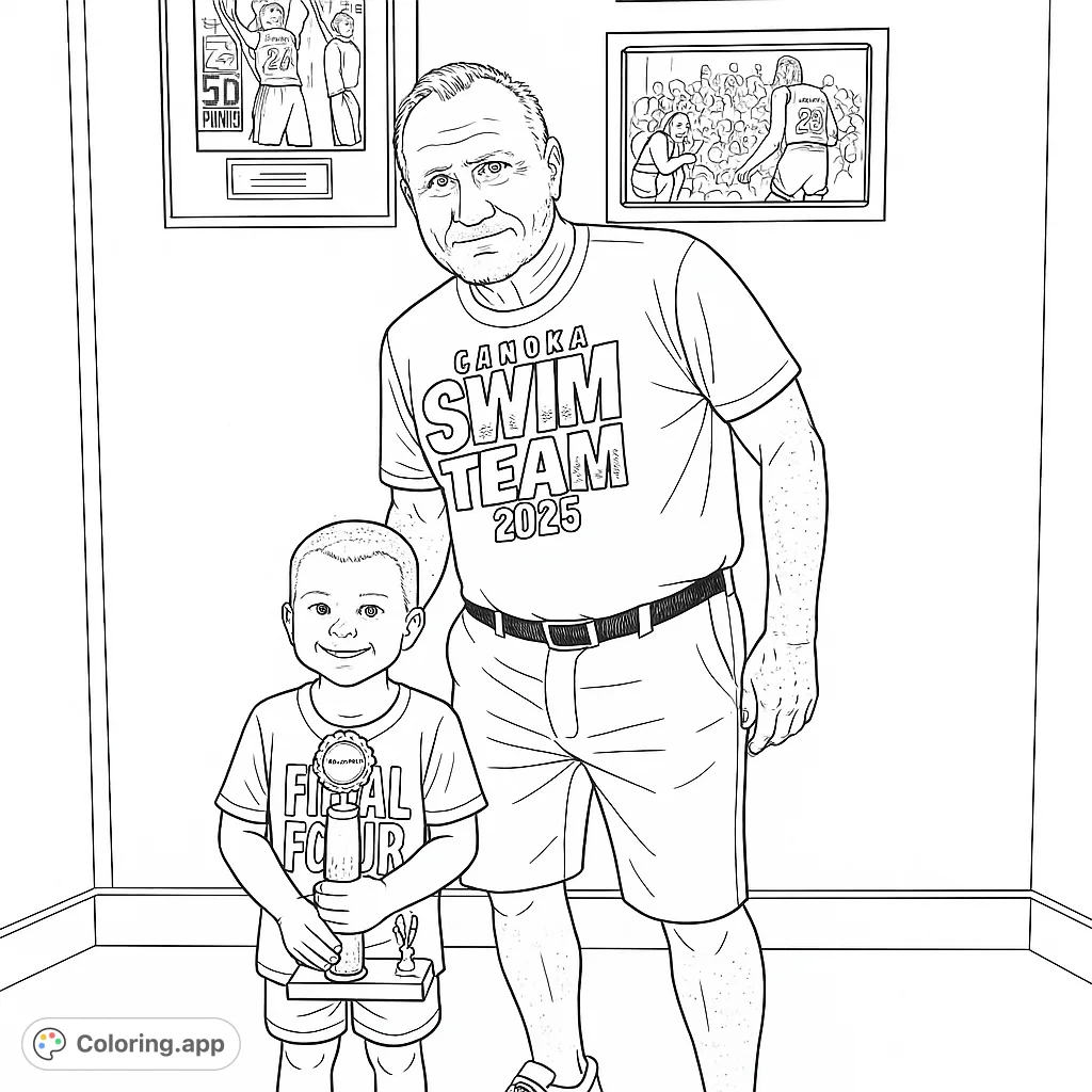 Celebrate a swim team victory with this heartwarming coloring page featuring a child holding a trophy alongside an adult. Perfect for young champions!