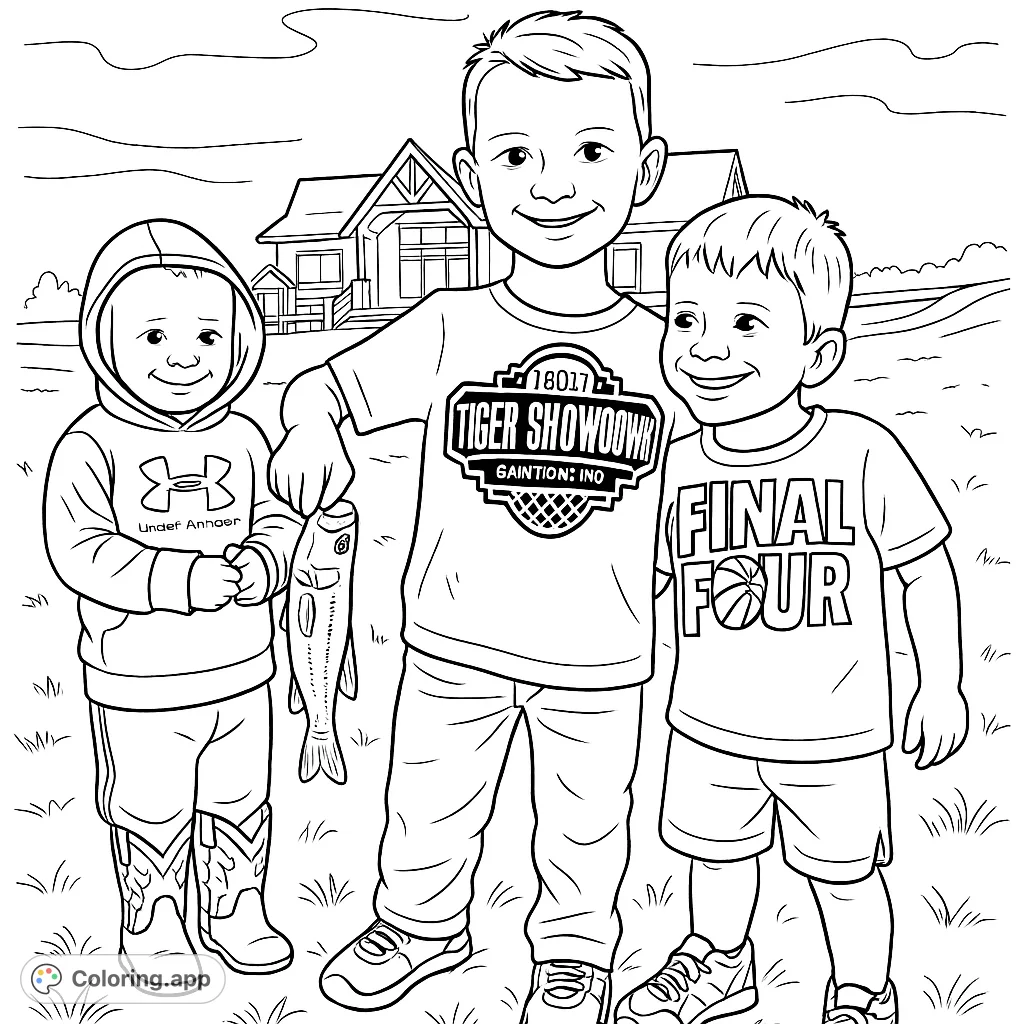 Join three happy boys on a fishing adventure! One proudly holds his catch, surrounded by friends and a scenic outdoor setting.
