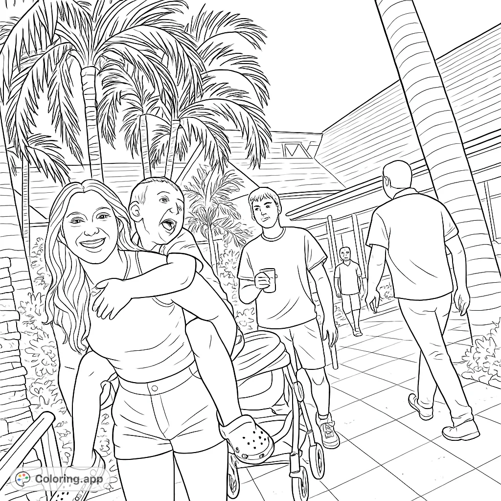 Enjoy a lively tropical scene featuring a piggyback ride, palm trees, and friends. A fun, free printable family coloring page for all ages!