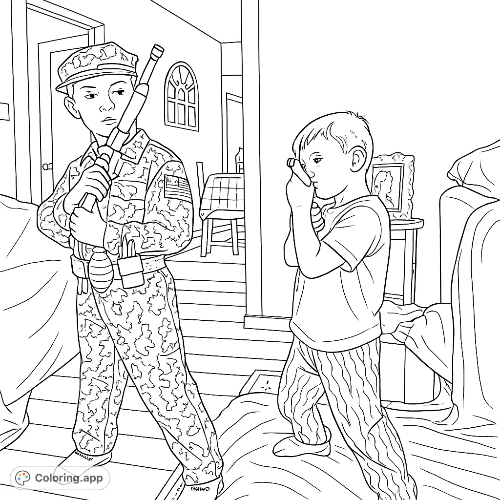 Two young boys in military-style attire with toy weapons, ready for an imaginative adventure. Perfect for kids who love action and play.