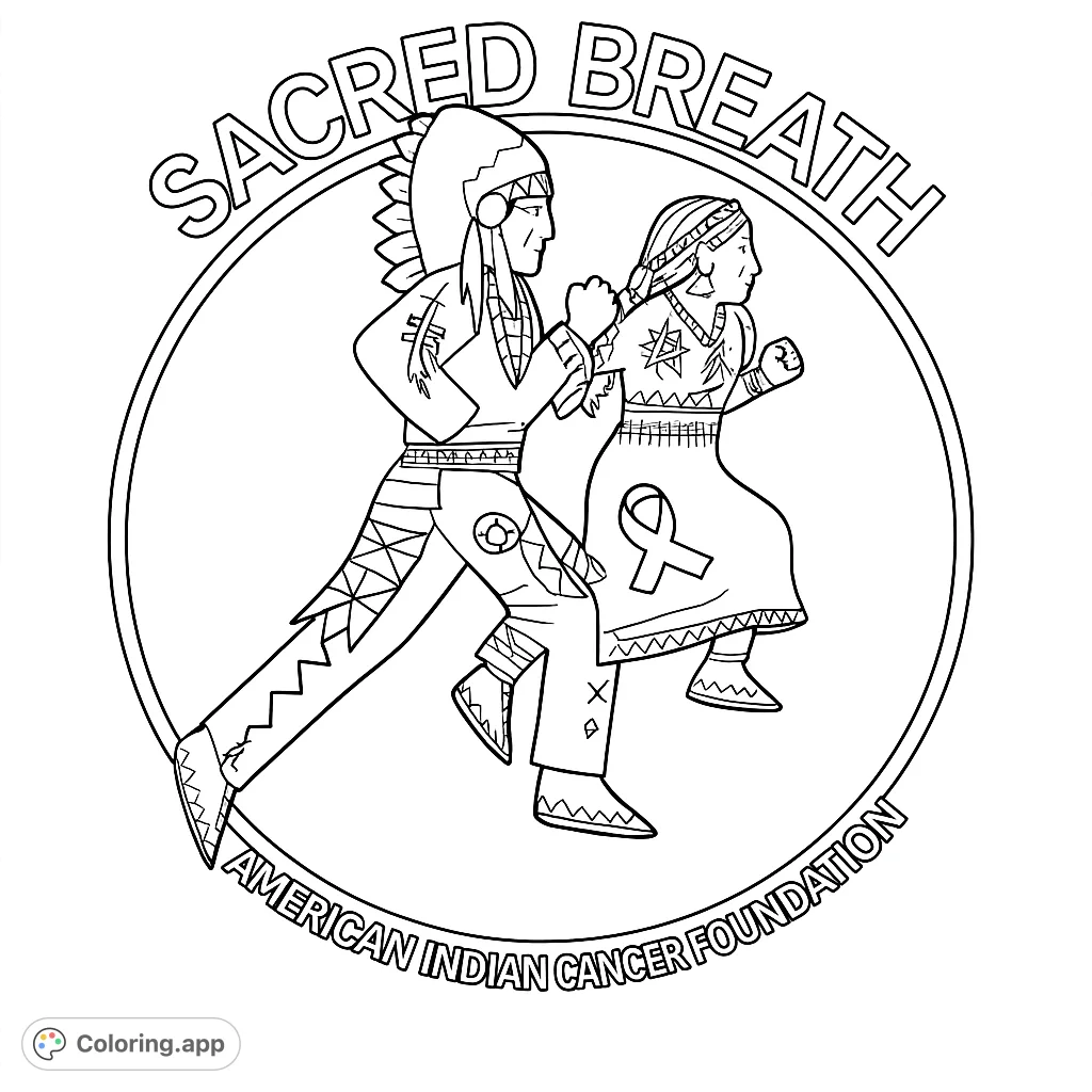 A powerful Native American spirit run featuring two figures in traditional attire, surrounded by cultural patterns. A meaningful and inspiring coloring page.