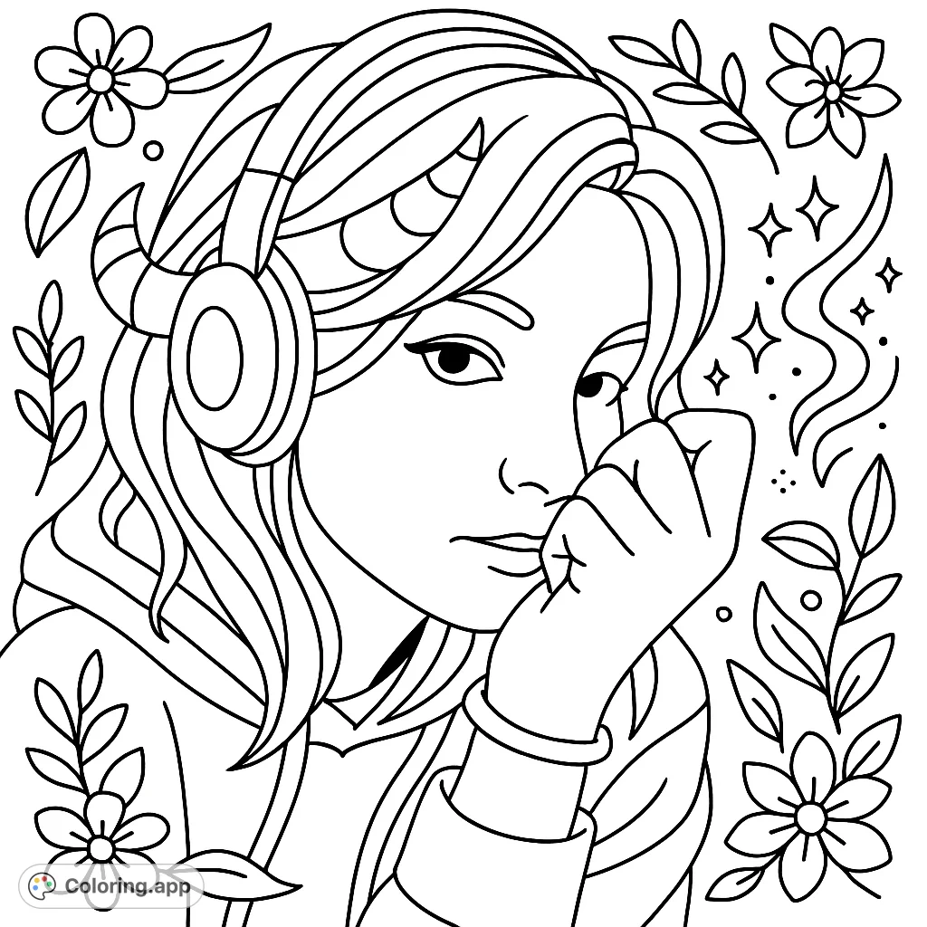 An abstract portrait featuring a contemplative figure, adorned with fantasy elements and decorative borders. A unique and simple coloring experience.