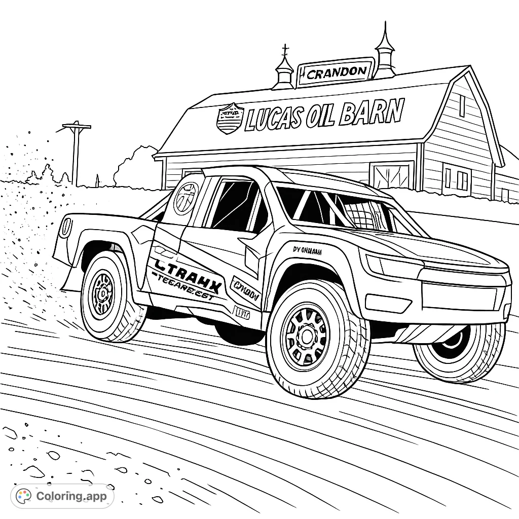 Experience the thrill of off-road racing with this dynamic truck coloring page. Capture the speed and power of a racing truck kicking up dirt on the track.