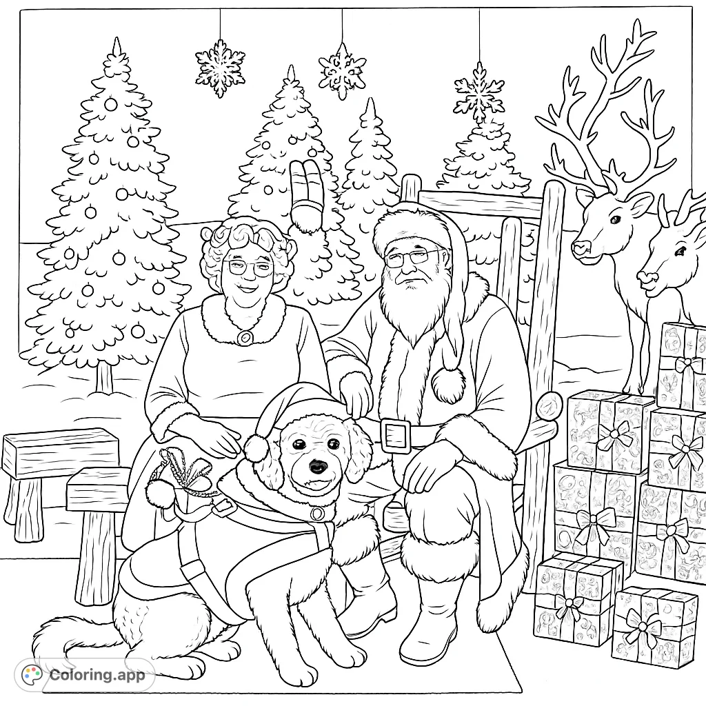 A heartwarming holiday scene featuring Santa, Mrs. Claus, and their festive dog amidst presents and winter decor.