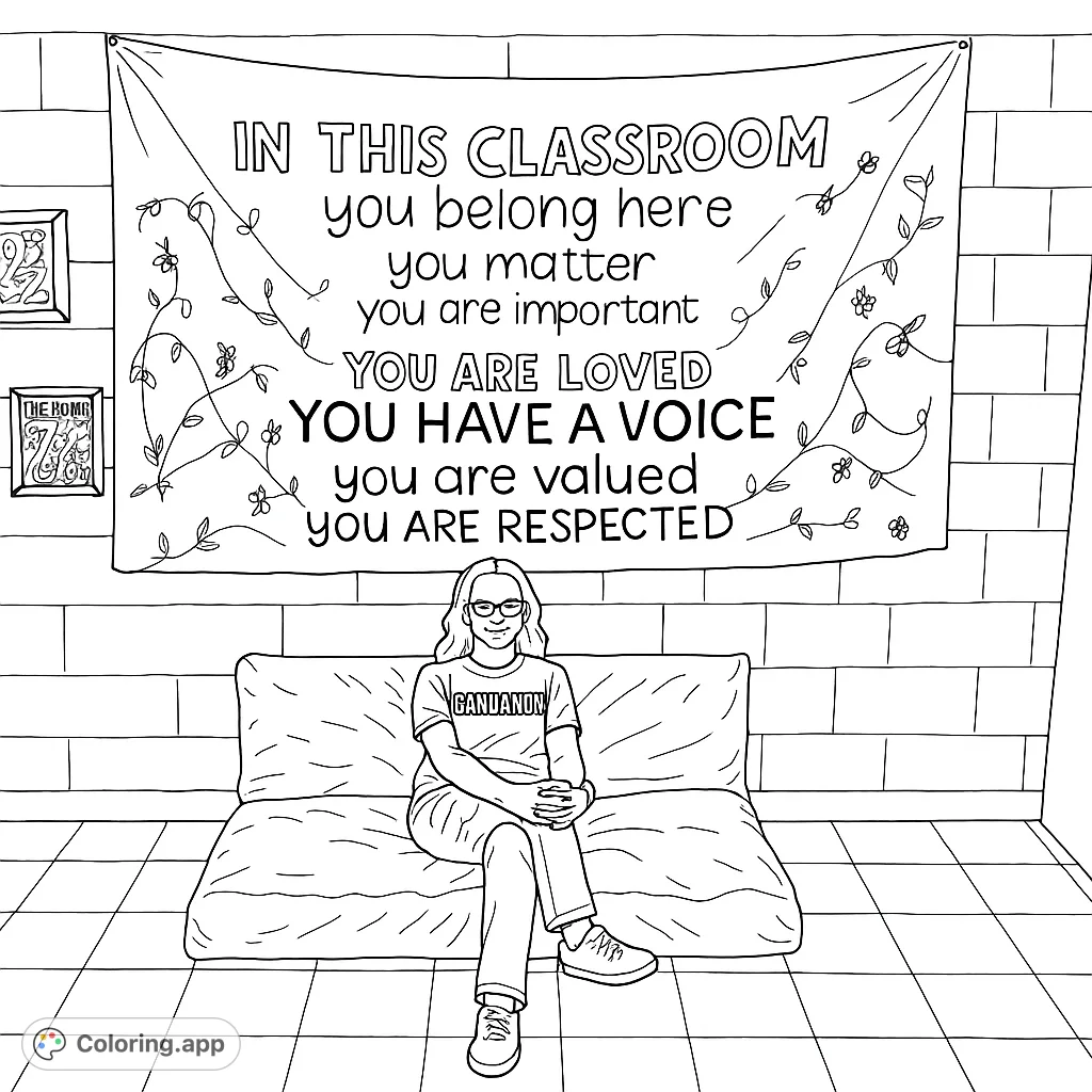 A heartwarming classroom scene featuring a person on a cozy sofa beneath an inspiring affirmation banner. Perfect for promoting positivity and creativity.