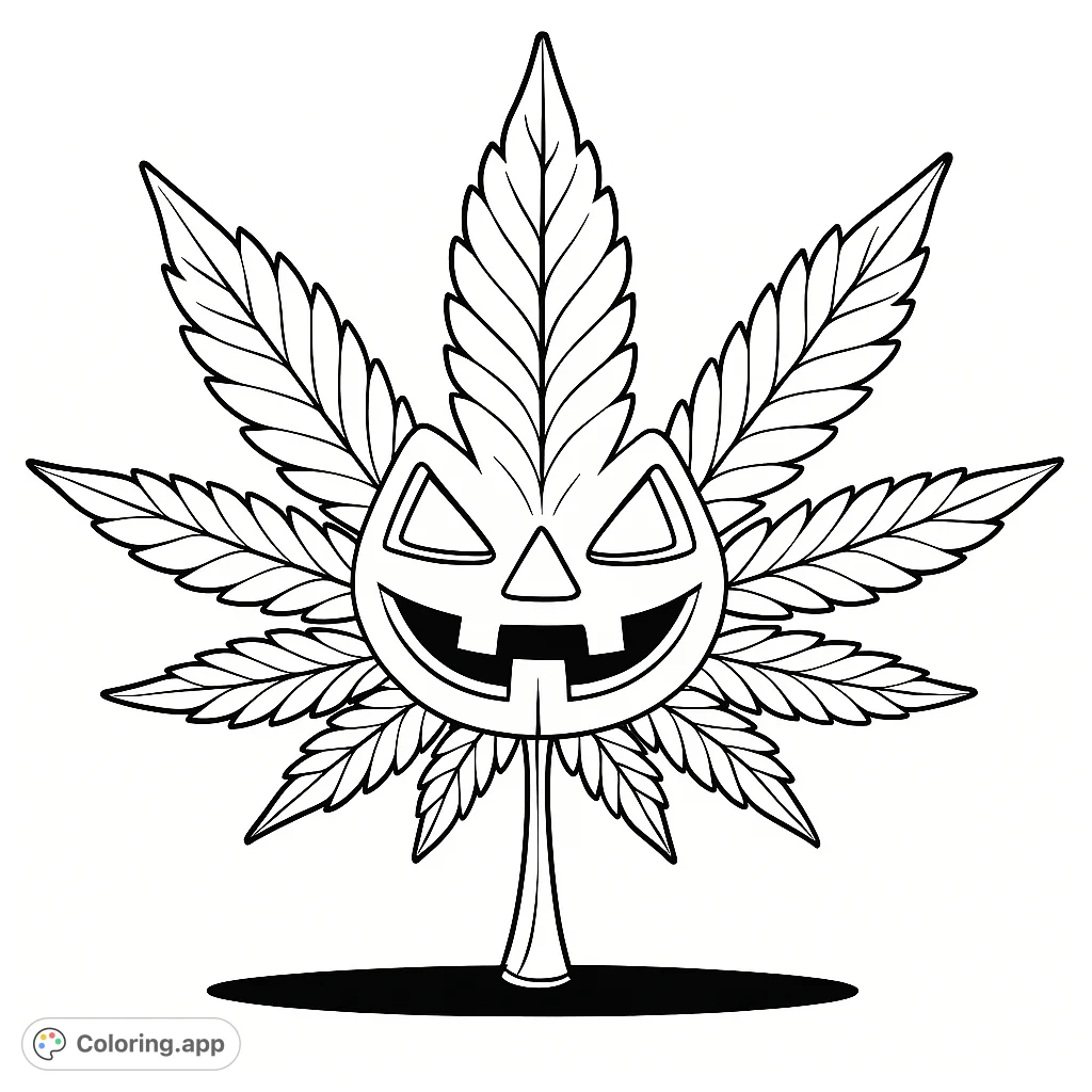A unique Halloween cannabis leaf coloring page featuring a fun jack-o'-lantern face. Perfect for adult colorists seeking a festive, distinct design.