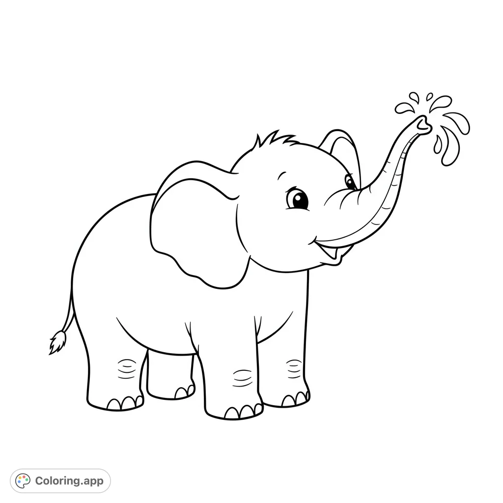 A delightful baby elephant playfully sprays water from its trunk, perfect for a fun and engaging coloring experience for all ages.
