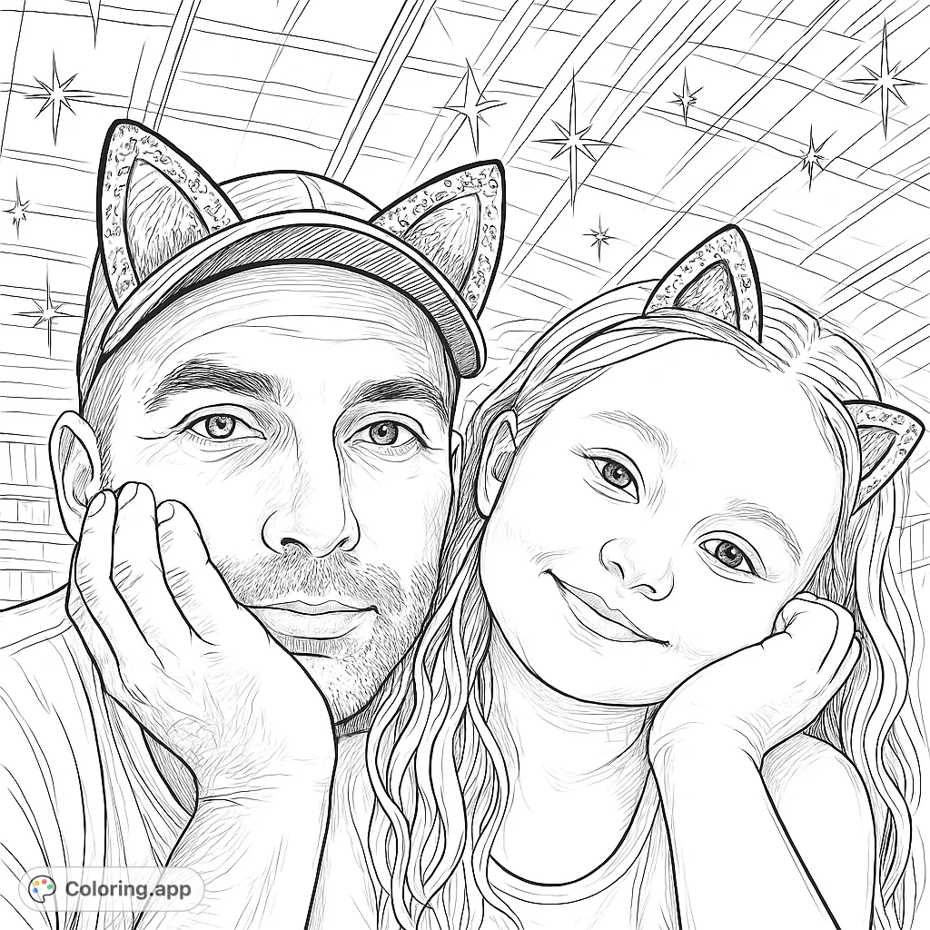 A heartwarming father-daughter duo with whimsical cat ears and sparkling effects, perfect for a magical coloring experience. Free printable family coloring page.