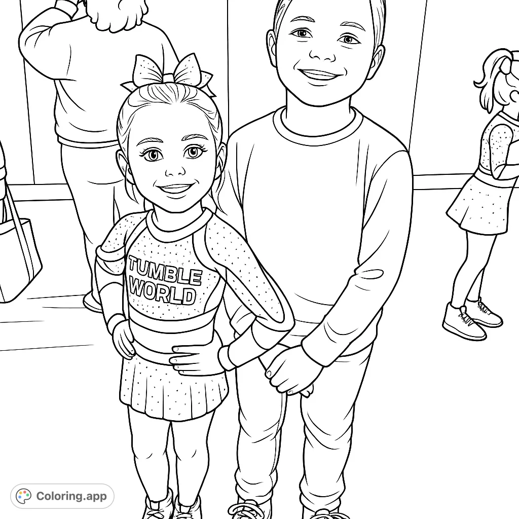 Capture the spirit of cheerleading with this delightful coloring page featuring a young cheerleader and her friend, ready for creative expression.