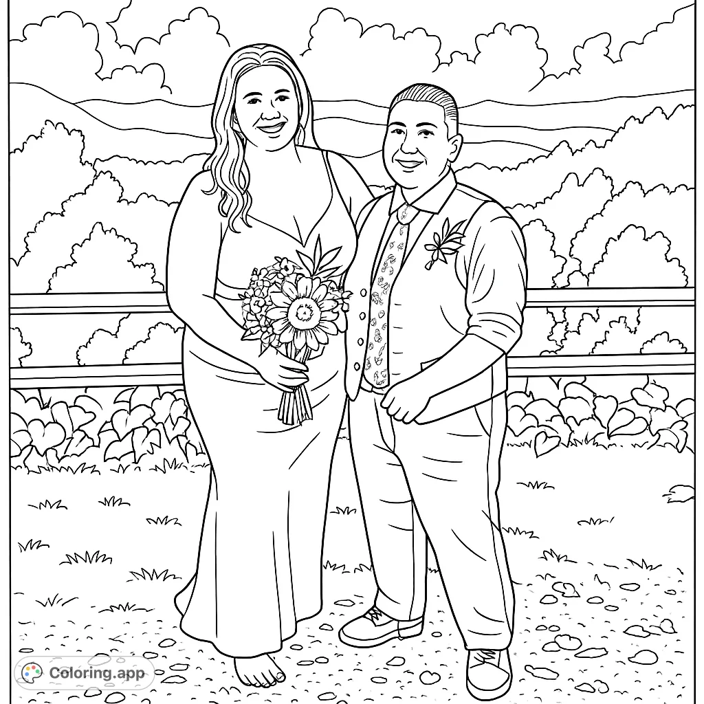 A joyful couple celebrating their union outdoors with a majestic mountain backdrop, perfect for a wedding-themed coloring page.