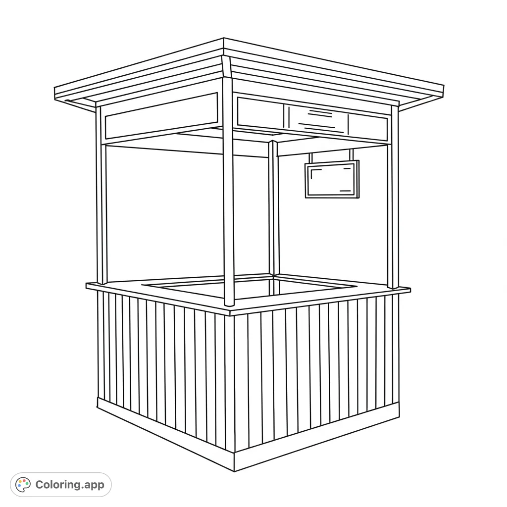 Color a detailed information booth with textured surfaces and a prominent sign. Perfect for travel enthusiasts and those who love architectural details.