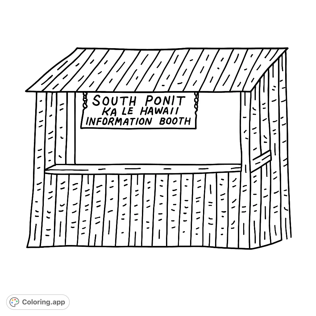 Color a rustic information booth with a detailed sign, perfect for a tropical or travel-themed coloring page. Free printable design.