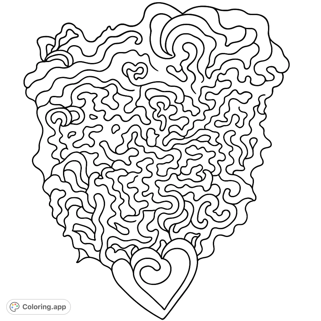 Explore an intricate abstract heart swirls coloring page, featuring complex organic lines and a central heart for creative expression and mindful coloring.
