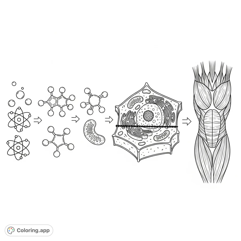 Explore the intricate journey from fundamental atoms to complex muscle tissue in this detailed scientific coloring page, perfect for biology enthusiasts.