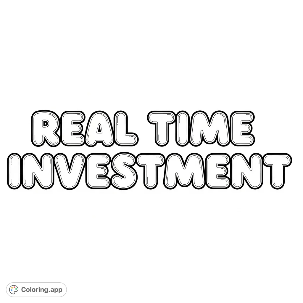 Color the motivational phrase 'REAL TIME INVESTMENT' in fun, rounded bubble letters. A perfect free printable coloring page for all ages.