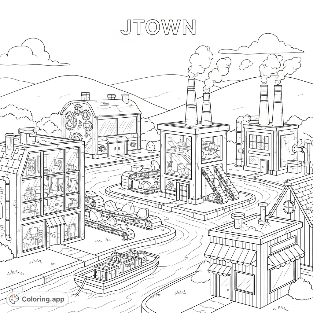 Explore a dynamic Jtown scene featuring productive workshops, factories, and bustling activity. A free printable town coloring page for creative minds.