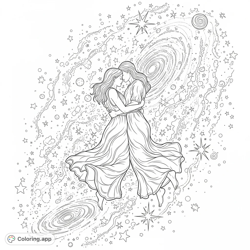 Explore a highly detailed celestial love coloring page featuring an embracing couple amidst a cosmic ballet of stars, nebulae, and galaxies, symbolizing infinite affection.
