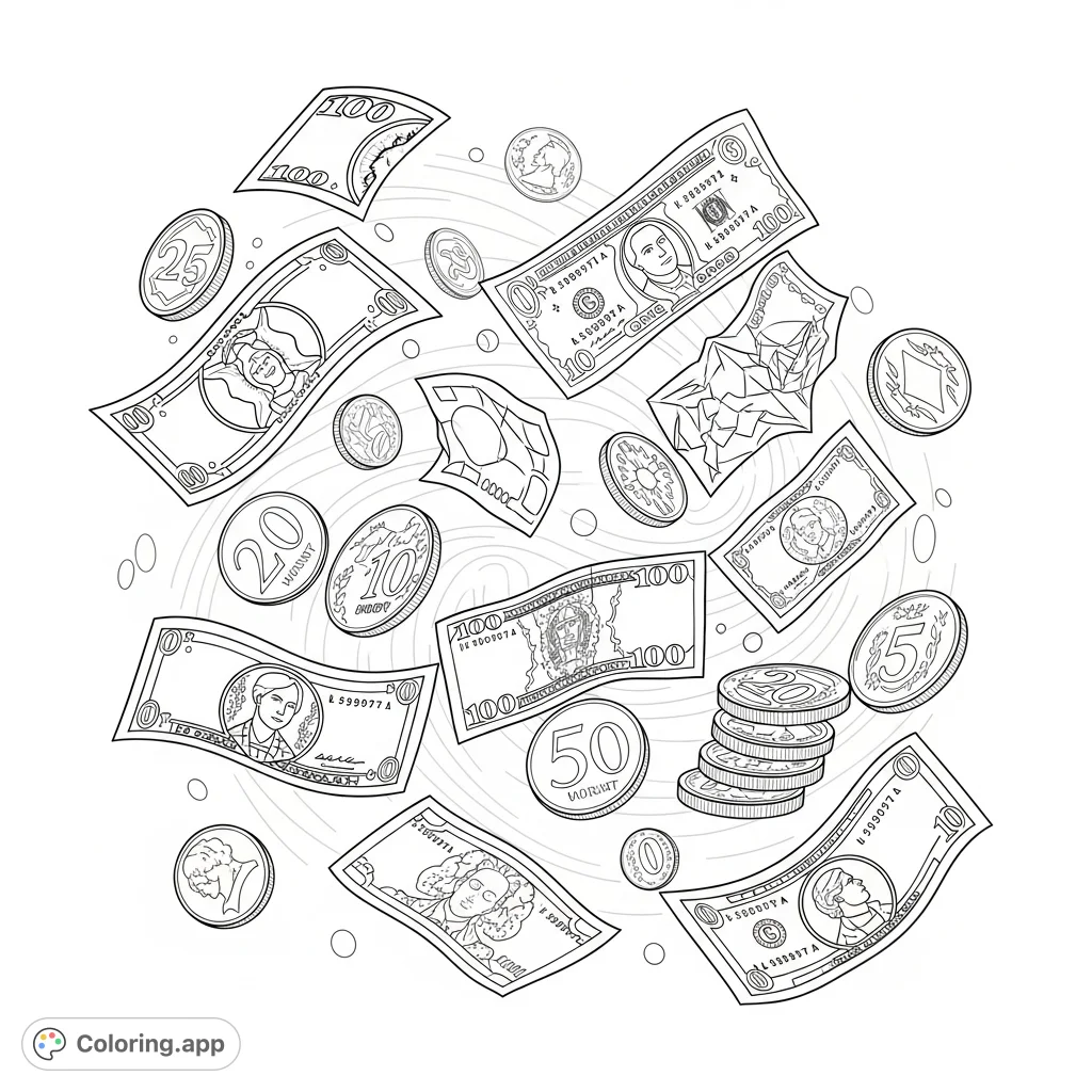 Experience the thrill of a dynamic money motion coloring page, featuring a cascade of detailed coins and bills in a captivating, swirling design.