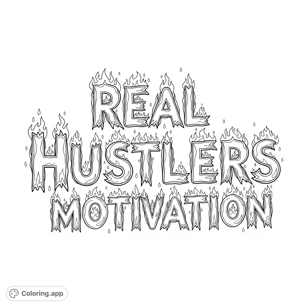 Ignite your drive with this 'Real Hustlers Motivation' coloring page, featuring bold text rendered in dynamic, flickering flame patterns. A powerful design for inspiration.