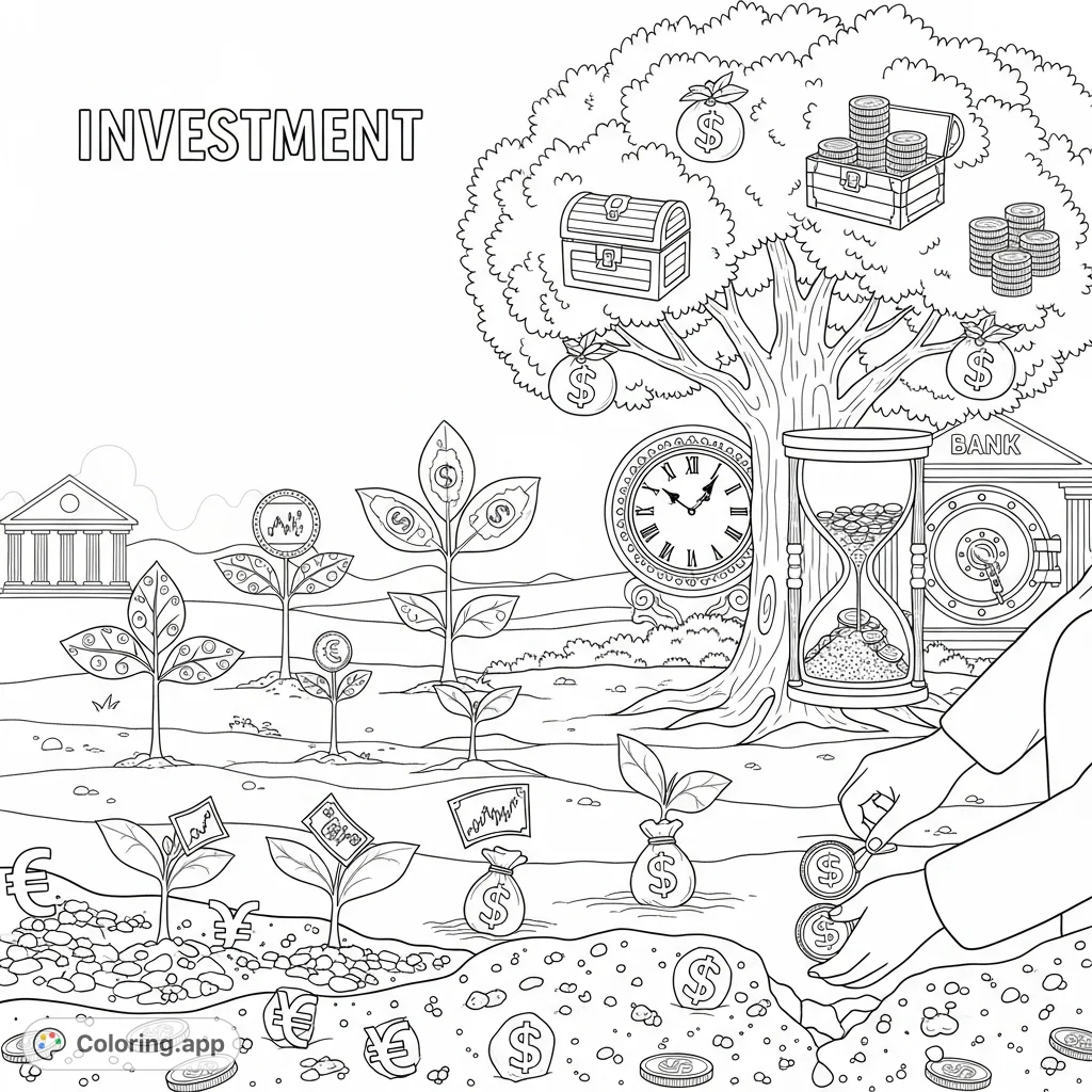 Explore the journey of wealth building with this intricate coloring page. A symbolic garden illustrates time, money, and investment growth.
