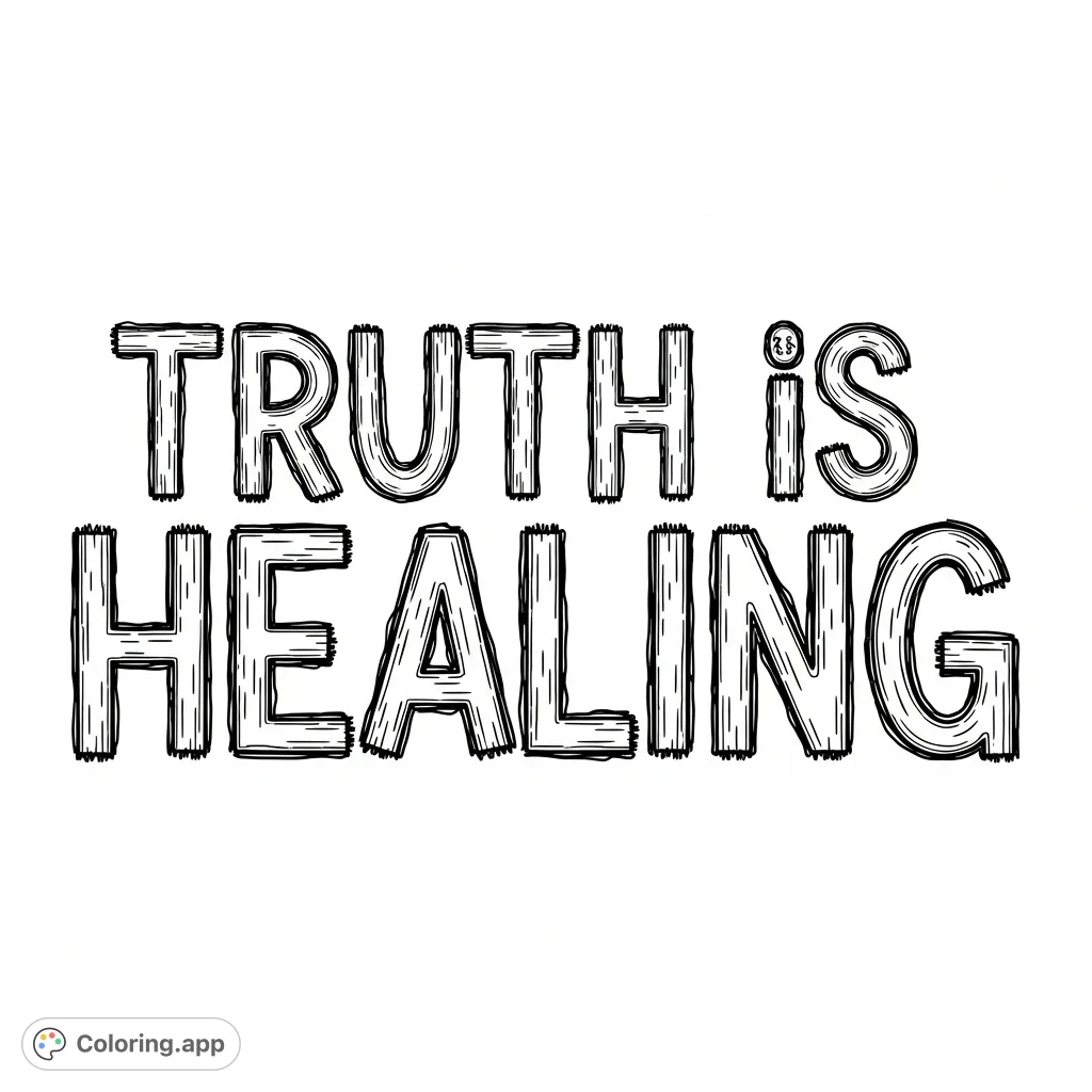 A powerful 'Truth is HEALING' typography coloring page featuring a unique scratchy font. Express yourself and find calm in this inspiring design.