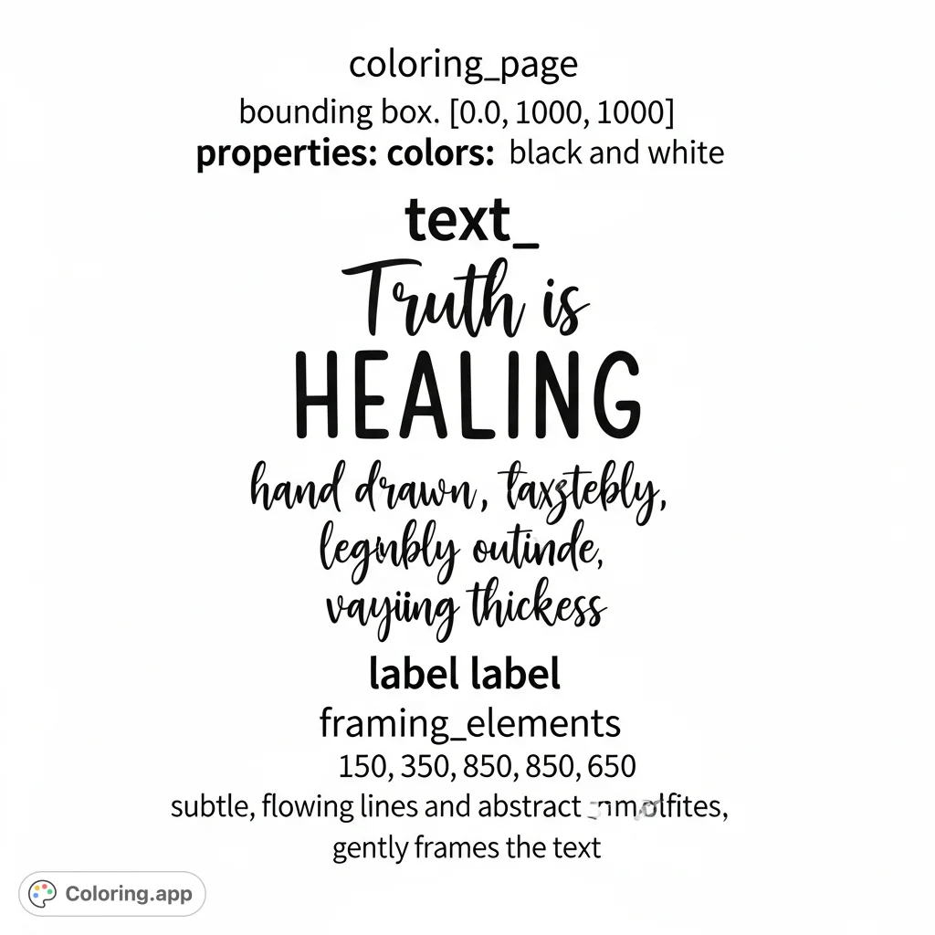 A powerful 'Truth is HEALING' quote in a unique, hand-drawn scratchy font, framed by organic elements. A mindful coloring page for reflection and calm.