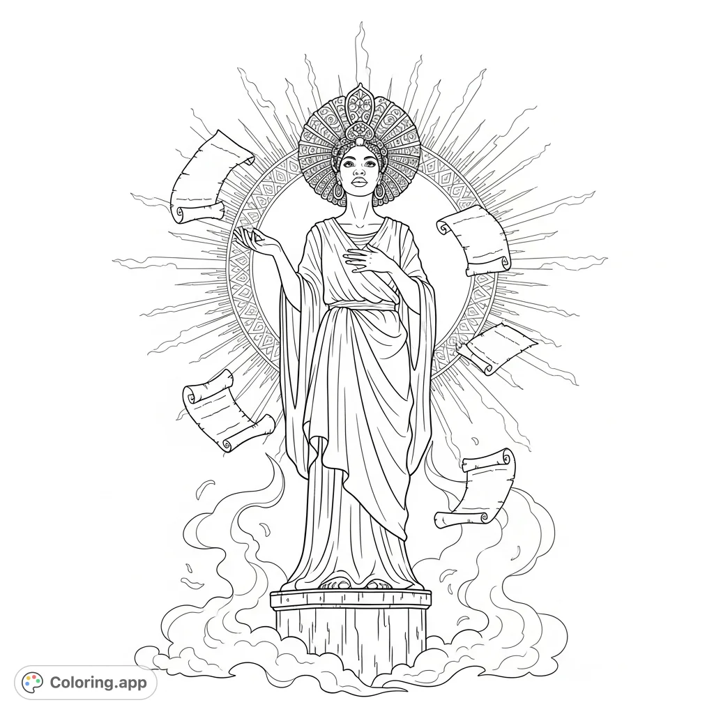 A powerful Afro American woman embodies truth, rising with dignity amidst radiant symbols. A detailed, inspiring coloring page for all ages.