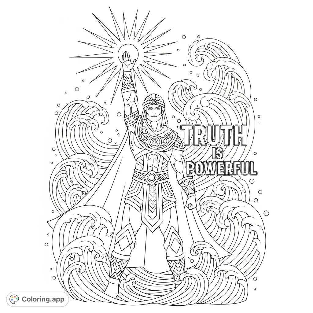 Embrace the power of truth with this highly detailed, cartoony coloring page featuring a heroic figure, a radiant orb, and dynamic wave patterns.