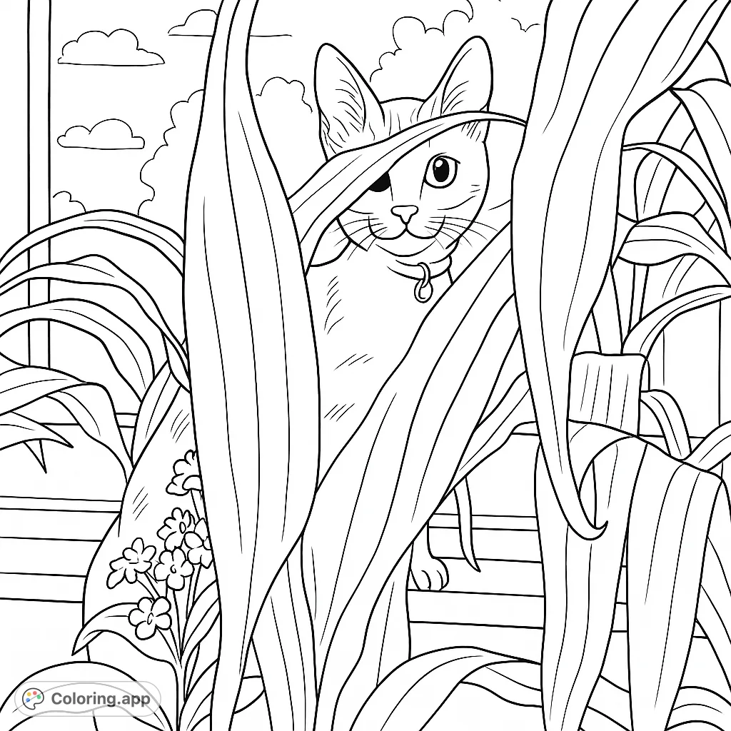 A charming cat peeks playfully from behind lush houseplants on a sunlit window sill. A delightful animal coloring page for all ages.