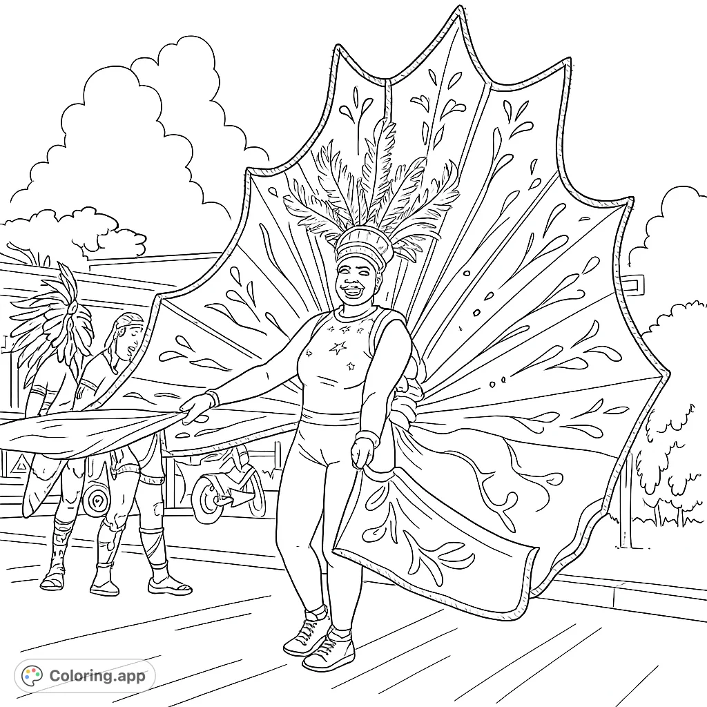 Immerse yourself in the festive spirit with this grand carnival costume coloring page, featuring a performer with elaborate wings and a feathered headpiece.