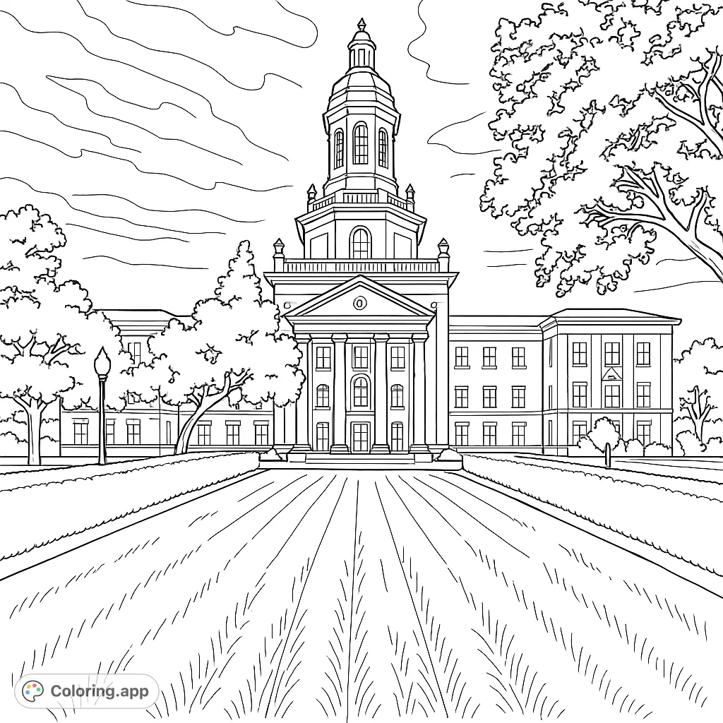 Explore a grand university hall with a prominent dome, columns, and intricate architectural details, set amidst a vast lawn and lush trees.