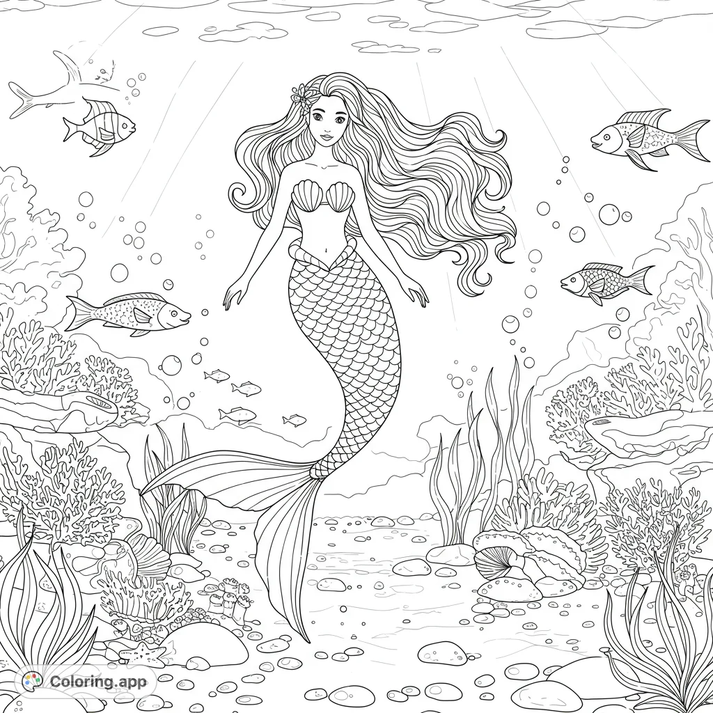 Dive into an enchanting underwater world featuring a graceful mermaid with flowing hair and a detailed tail, surrounded by vibrant marine life and coral.