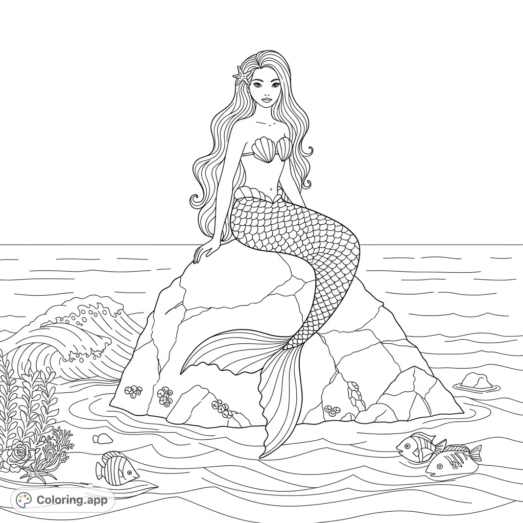 Dive into an enchanting ocean scene featuring a graceful mermaid perched on a textured rock amidst gentle waves. A magical underwater adventure awaits your colors!