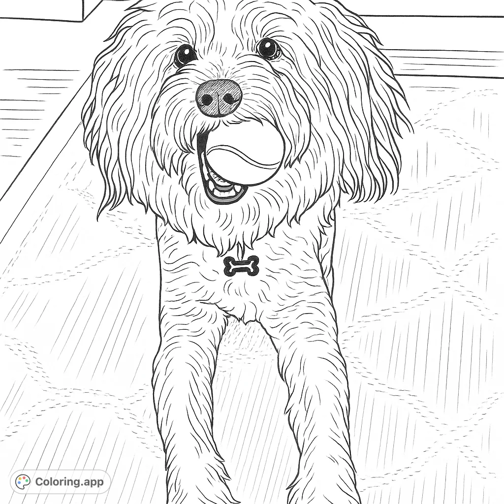 A charming hand-drawn sketch of a playful pup holding a tennis ball, perfect for dog lovers. Enjoy coloring this adorable furry friend!
