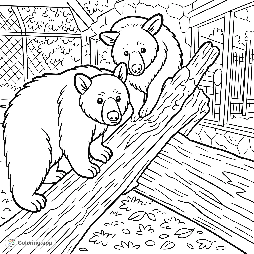 A charming cartoony coloring page featuring two playful bears on textured logs. Perfect for animal lovers to bring to life with vibrant colors.