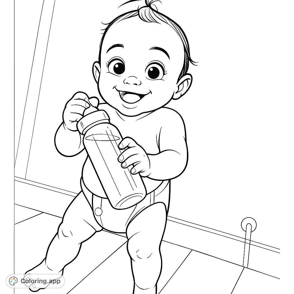 A delightful baby coloring page featuring a cheerful infant holding a bottle, perfect for young artists and baby-themed fun.