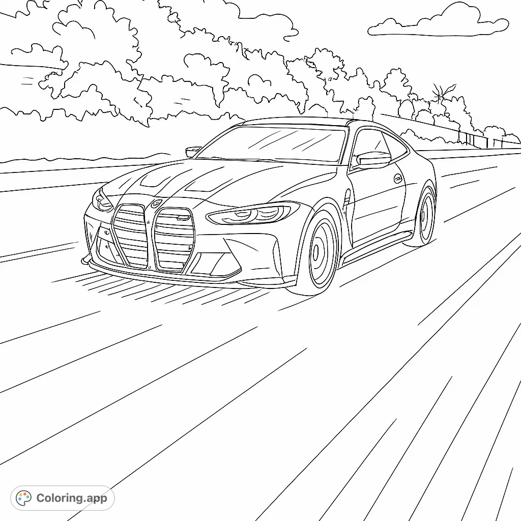 Experience the thrill of the open road with this dynamic sports car coloring page. Features a sleek, modern vehicle in motion on a highway, perfect for car enthusiasts.