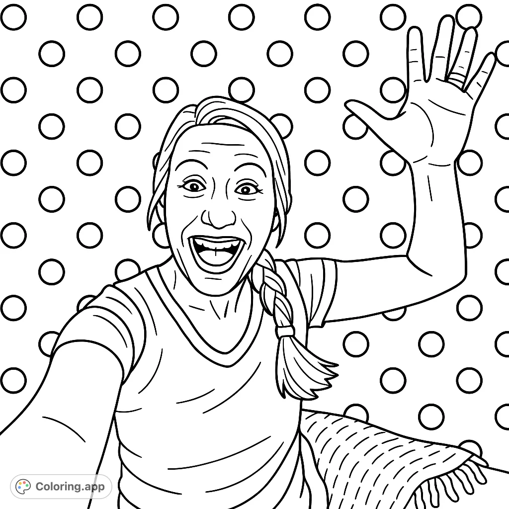 A cheerful woman with a wide smile and raised hand, ready to bring joy to your coloring experience. Perfect for expressing happiness and creativity!