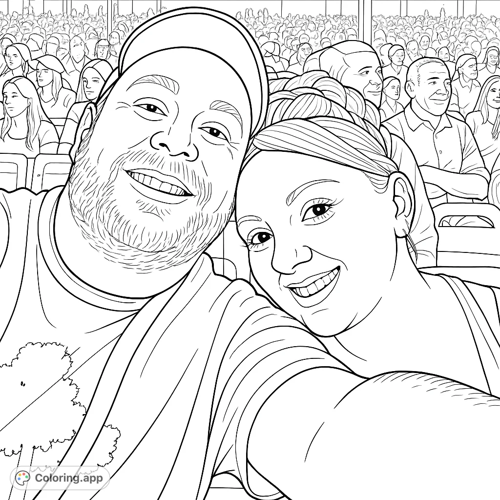 Capture the joy of a shared moment with this smiling duo at a lively event. Perfect for personalizing with your favorite colors.
