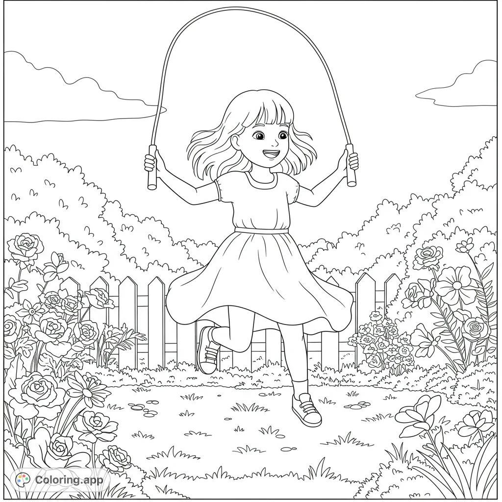 A cheerful little girl mid-skip with a jump rope in a vibrant garden, perfect for imaginative coloring and celebrating childhood joy.