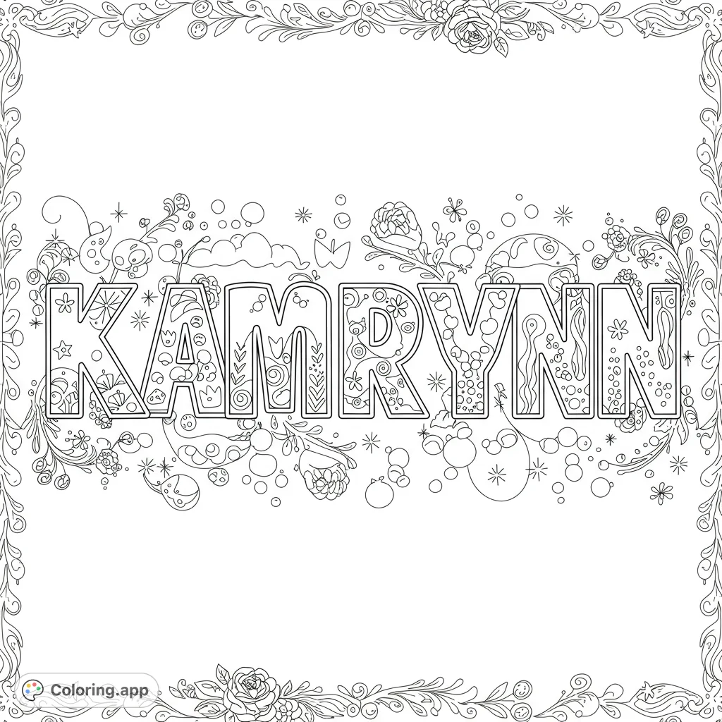 A personalized Kamrynn coloring page featuring decorative letters and whimsical elements. Perfect for custom gifts or room decor.