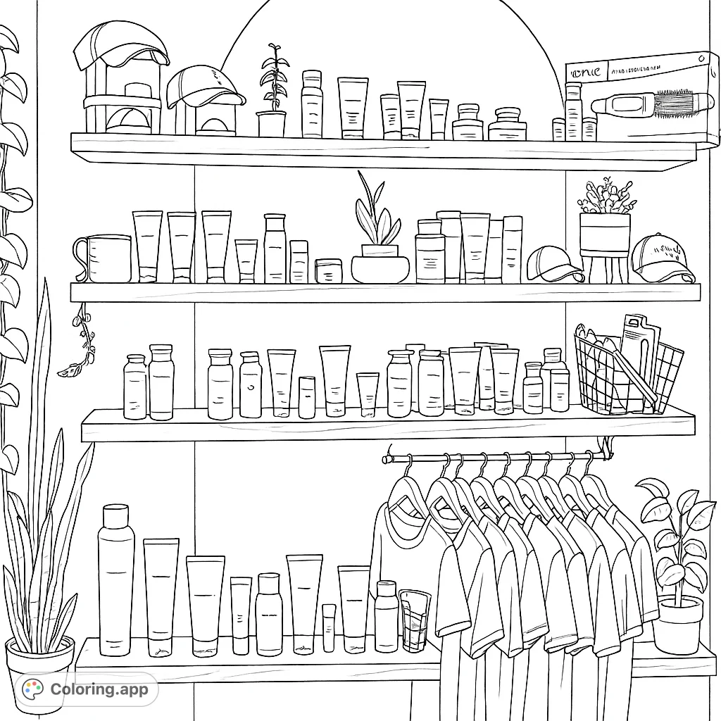 Explore a detailed display of beauty products on wooden shelves, complete with plants and accessories. A perfect retail-themed coloring page.