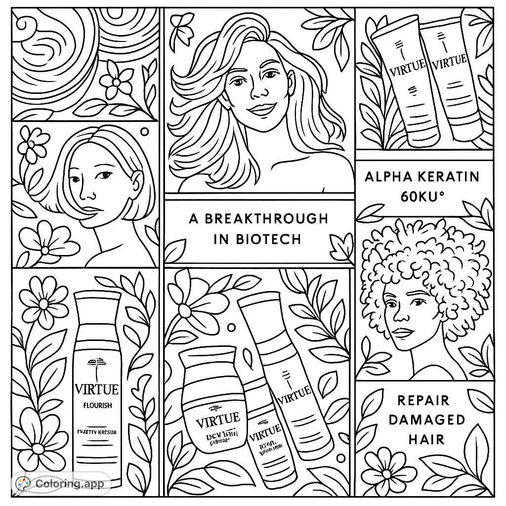 Explore a whimsical beauty collage coloring page featuring diverse figures, stylized products, and flowing textures, framed by decorative, dreamlike elements.