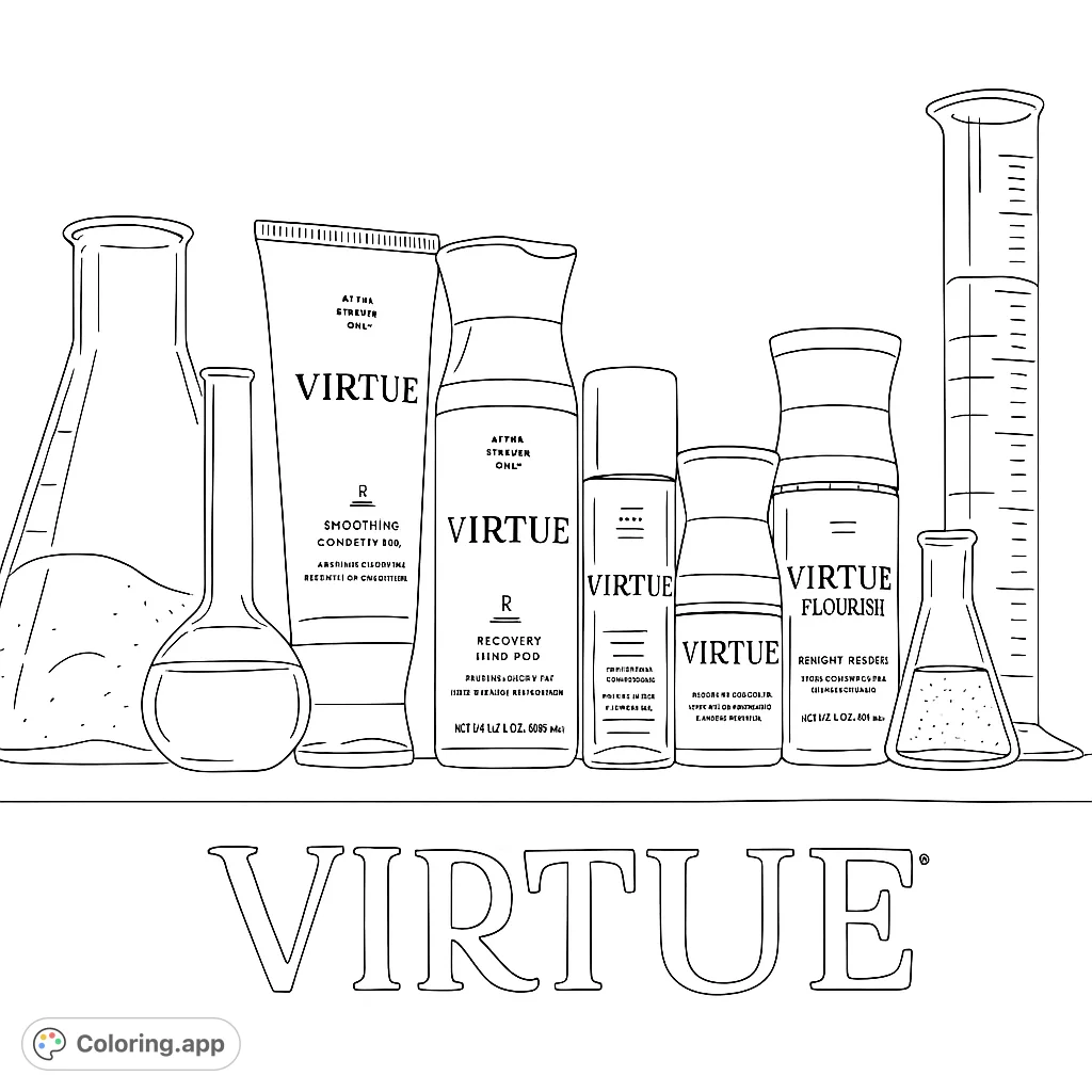 Explore a unique scientific beauty collection coloring page featuring various lab glassware and cosmetic bottles, perfect for detailed coloring.