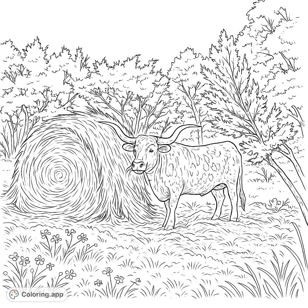 Color a majestic Longhorn cattle grazing by a hay bale in a detailed field. A realistic farm scene for an engaging coloring experience.