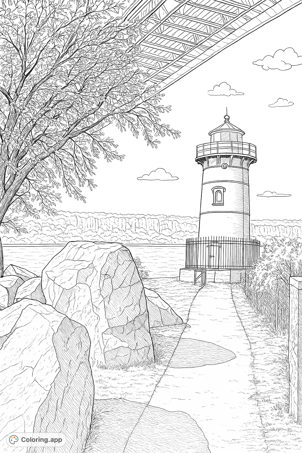 A highly detailed riverside scene featuring a prominent lighthouse, rugged rocks, and a winding path under a bridge, perfect for a realistic coloring experience.