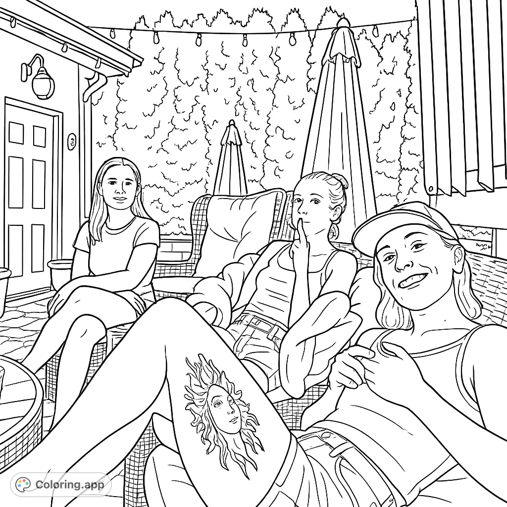Capture a relaxed outdoor gathering with three individuals on a patio, surrounded by lush foliage and string lights. A perfect scene for unwinding.