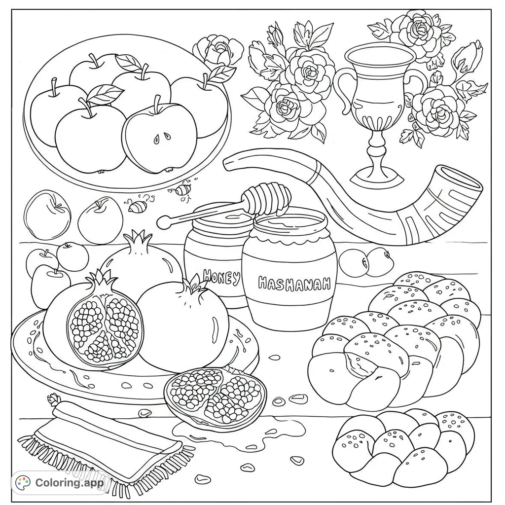 A festive Rosh Hashanah coloring page featuring apples, honey, pomegranates, a shofar, and round challah, beautifully arranged for a sweet new year.