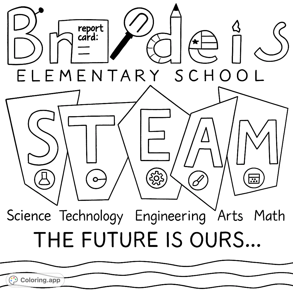 A fun, educational coloring page featuring school-themed objects, the word "Brandeis Elementary School," and "STEAM" with related icons. Perfect for young learners!